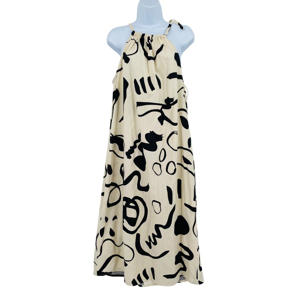 World Market Halter Midi Dress Womens S/M Cream Black Abstract Print Linen Blend